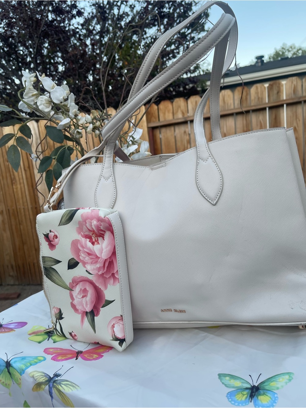 Anne Klein Cream Tote with Floral Wristlet